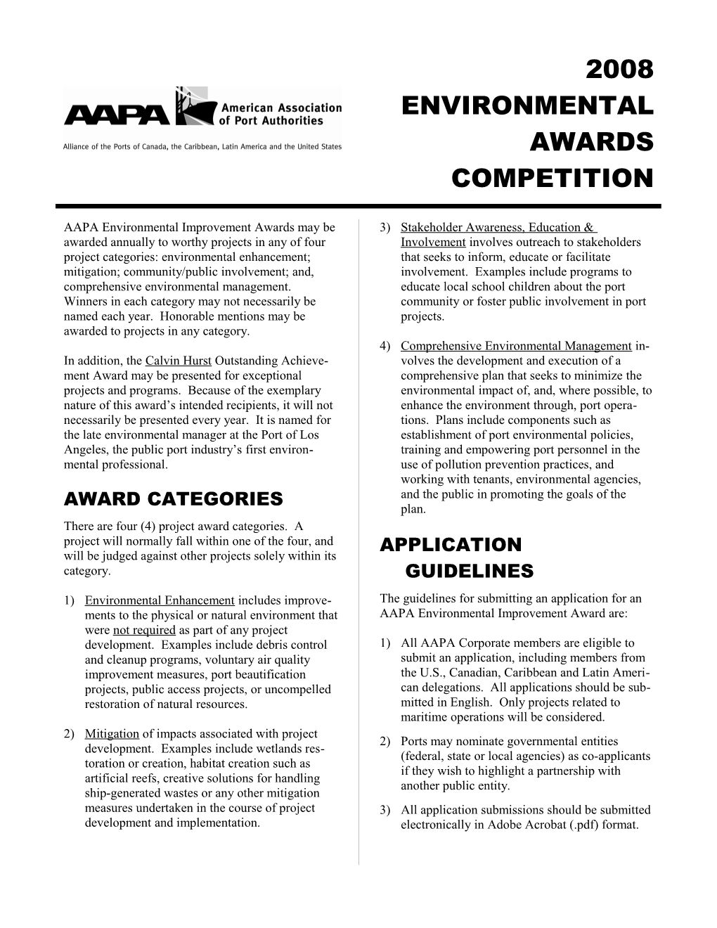 AAPA Environmental Improvement Awards May Be Awarded Annually to Worthy Projects in Any