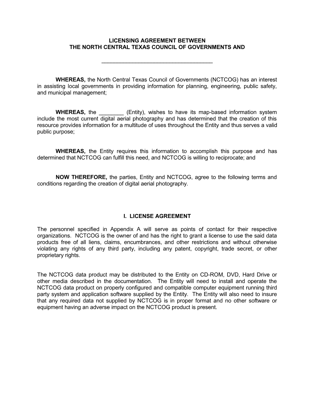 Agreement Between the North Central Texas Council of Governments and the City Of