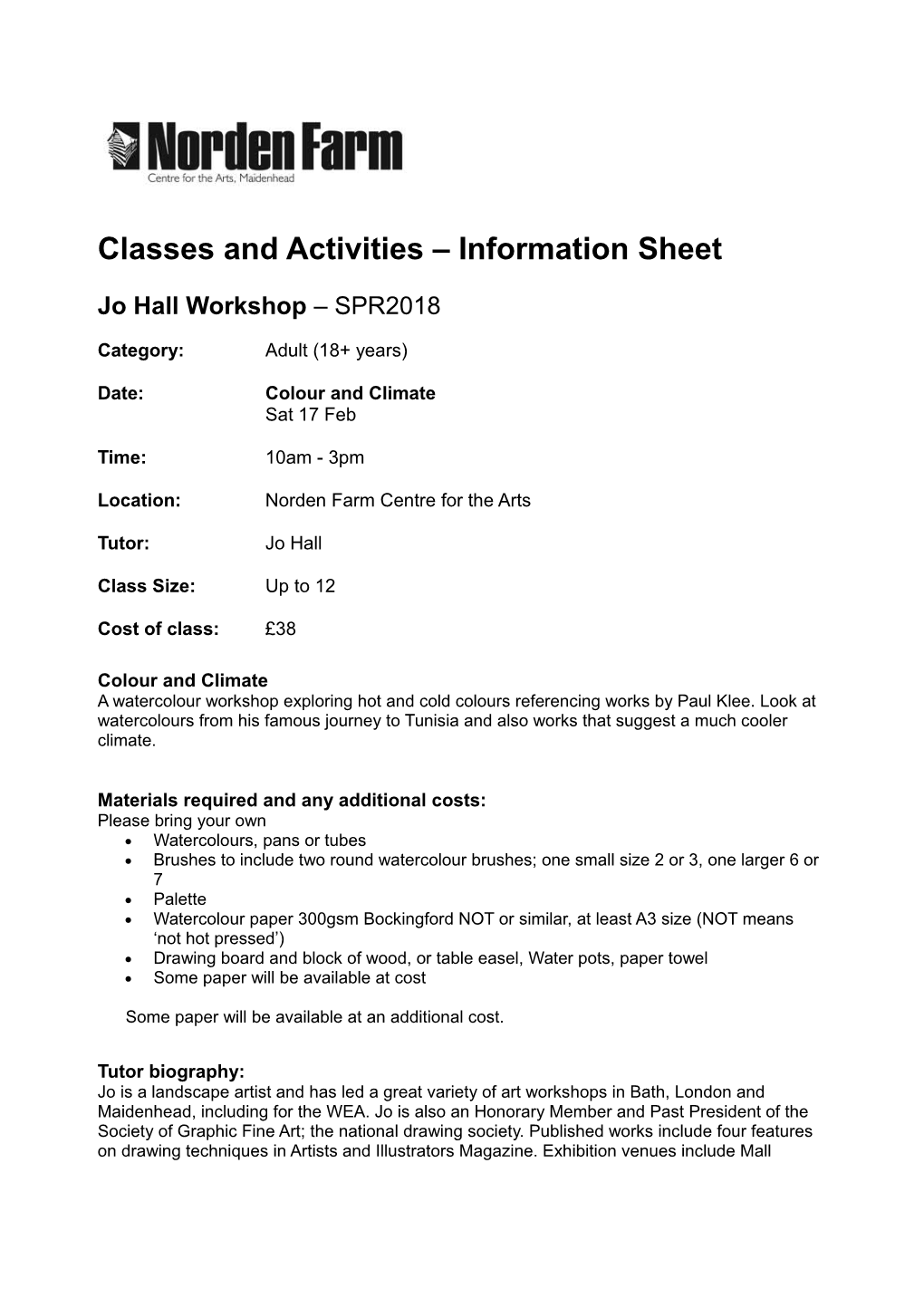 Classes and Activities Information Sheet