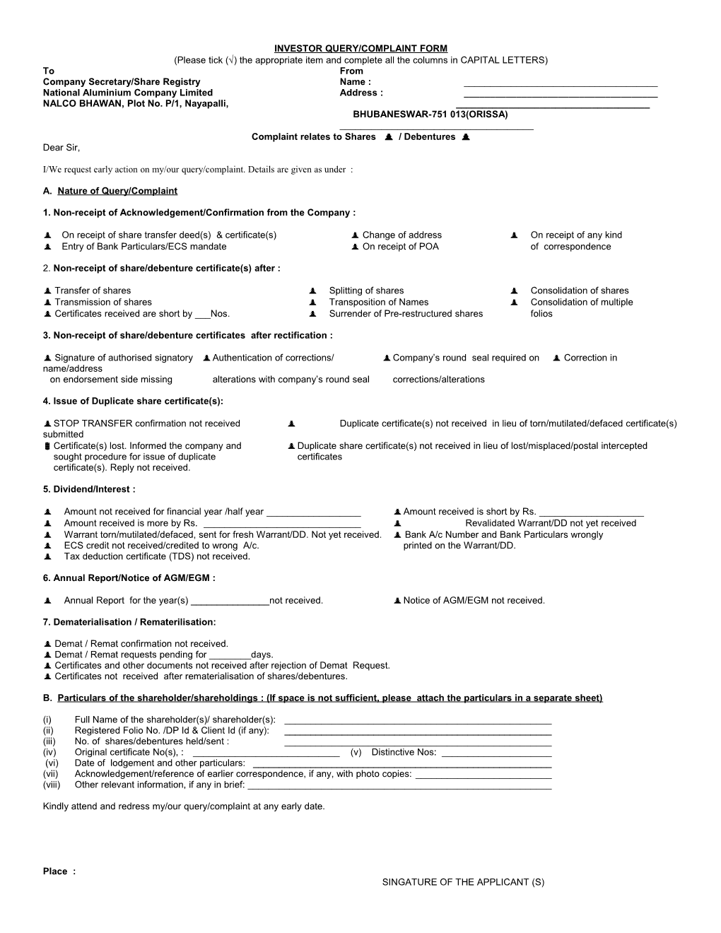 Investor Query/Complaint Form