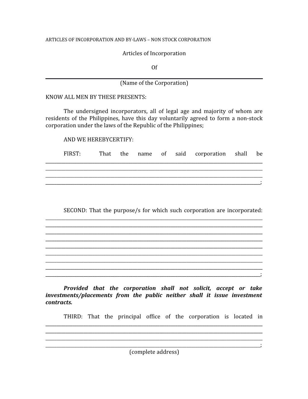 Articles of Incorporation and By-Laws Non Stock Corporation