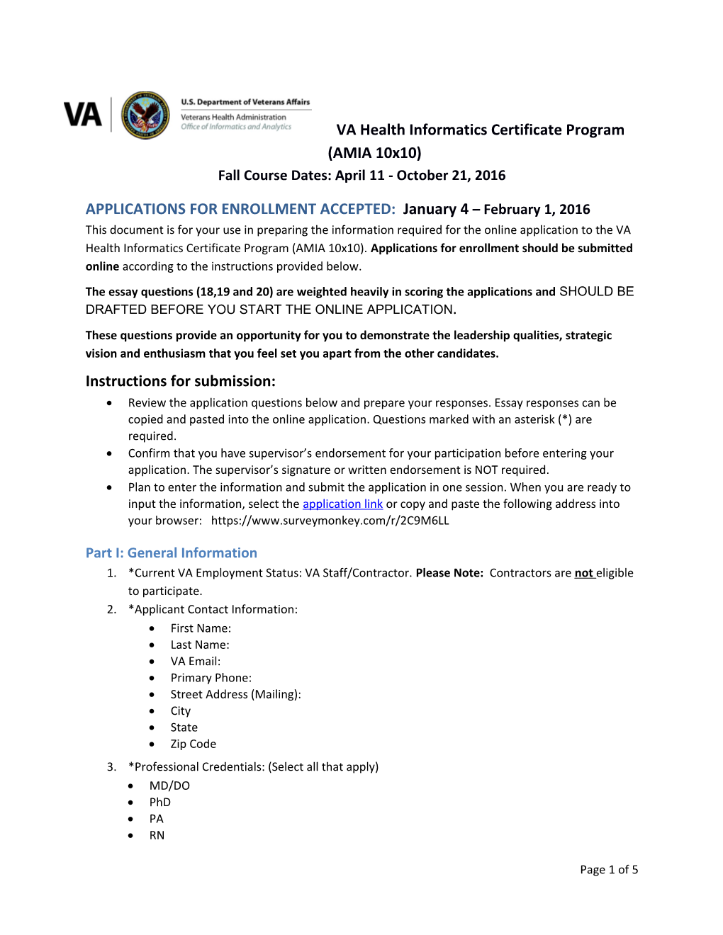 VA Health Informatics Certificate Program (AMIA 10X10)