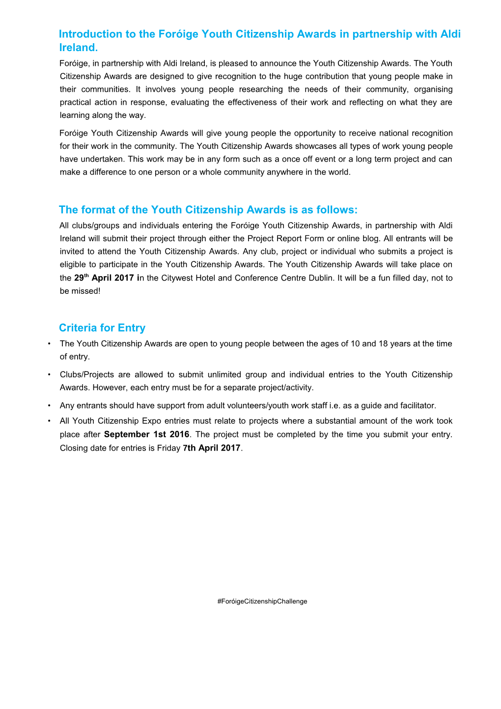 Introduction to the Foróige Youth Citizenship Awards in Partnership with Aldi Ireland