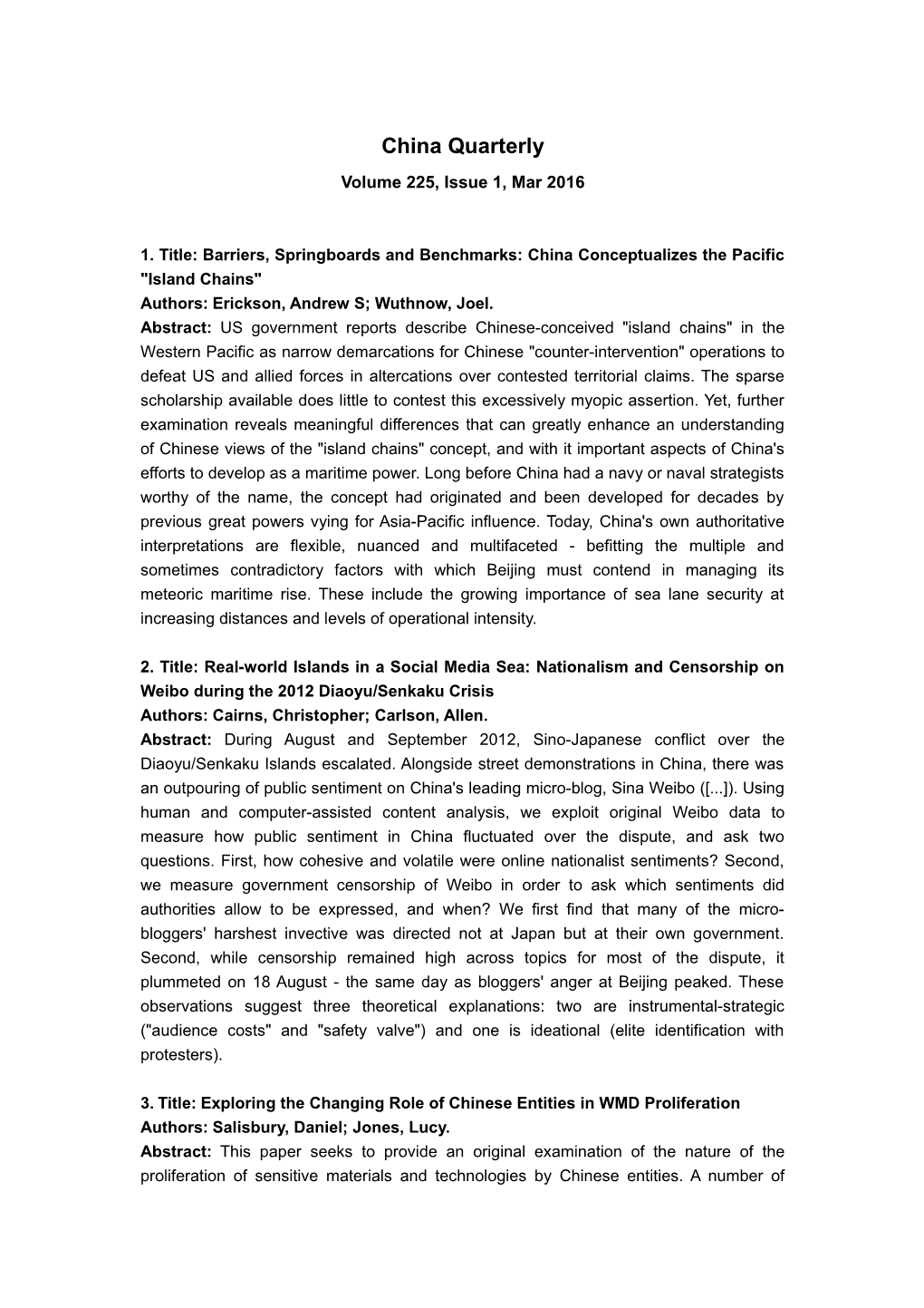 1. Title: Barriers, Springboards and Benchmarks: China Conceptualizes the Pacific Island