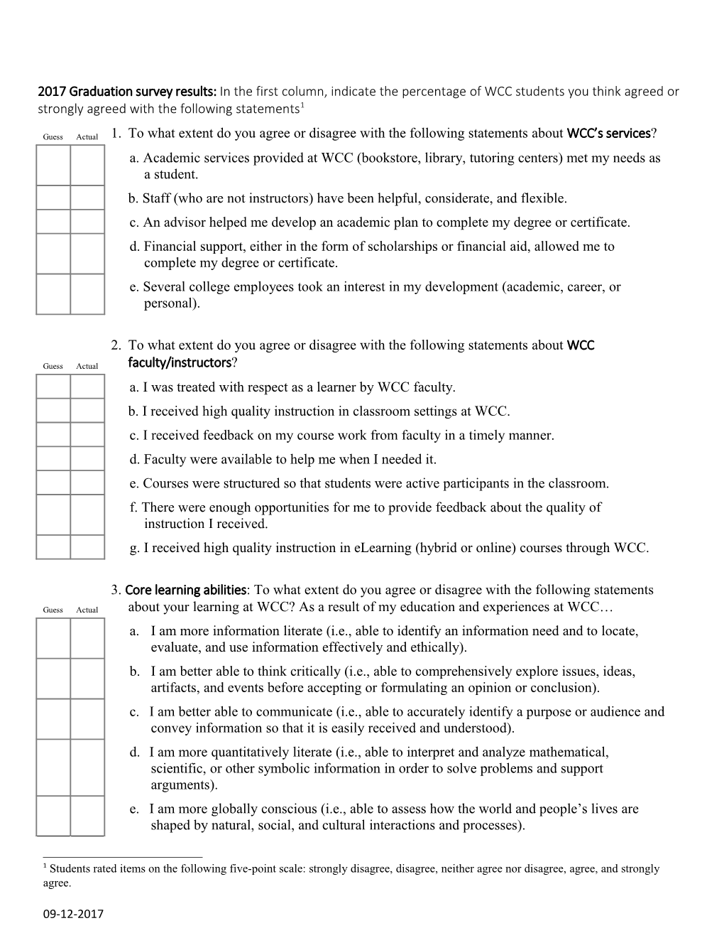 2017 Graduation Survey Results: in the First Column, Indicate the Percentage of WCC Students