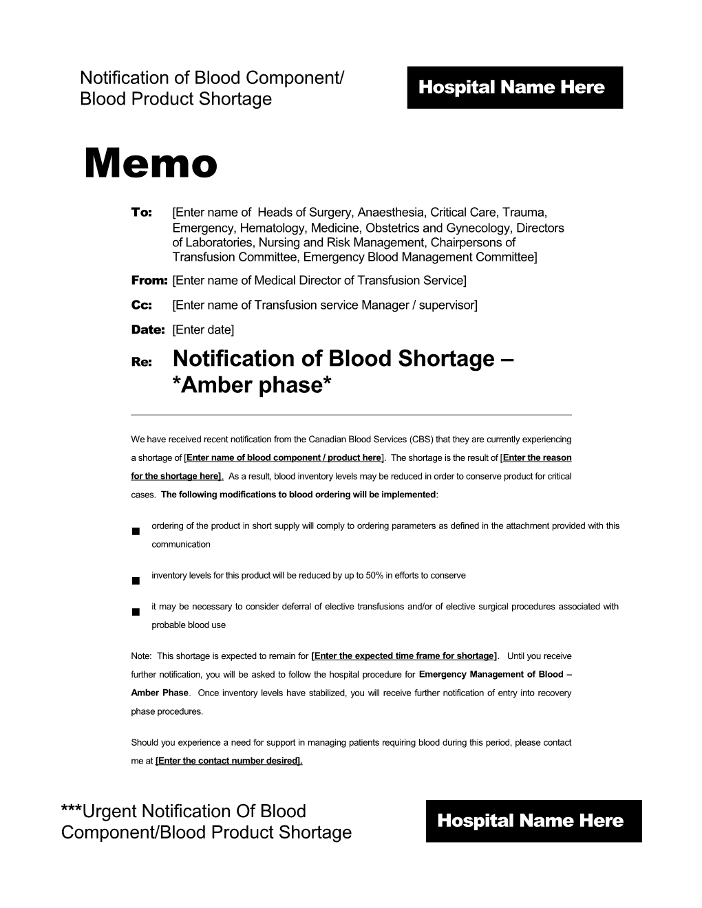 Notification of Blood Component/ Blood Product Shortage