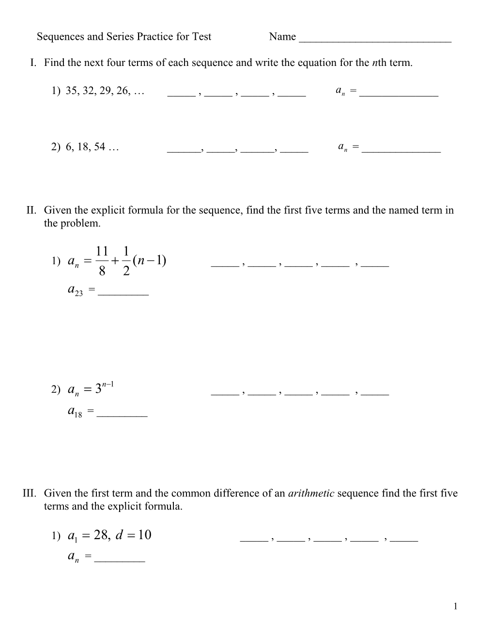 Sequences and Series Practice for Test
