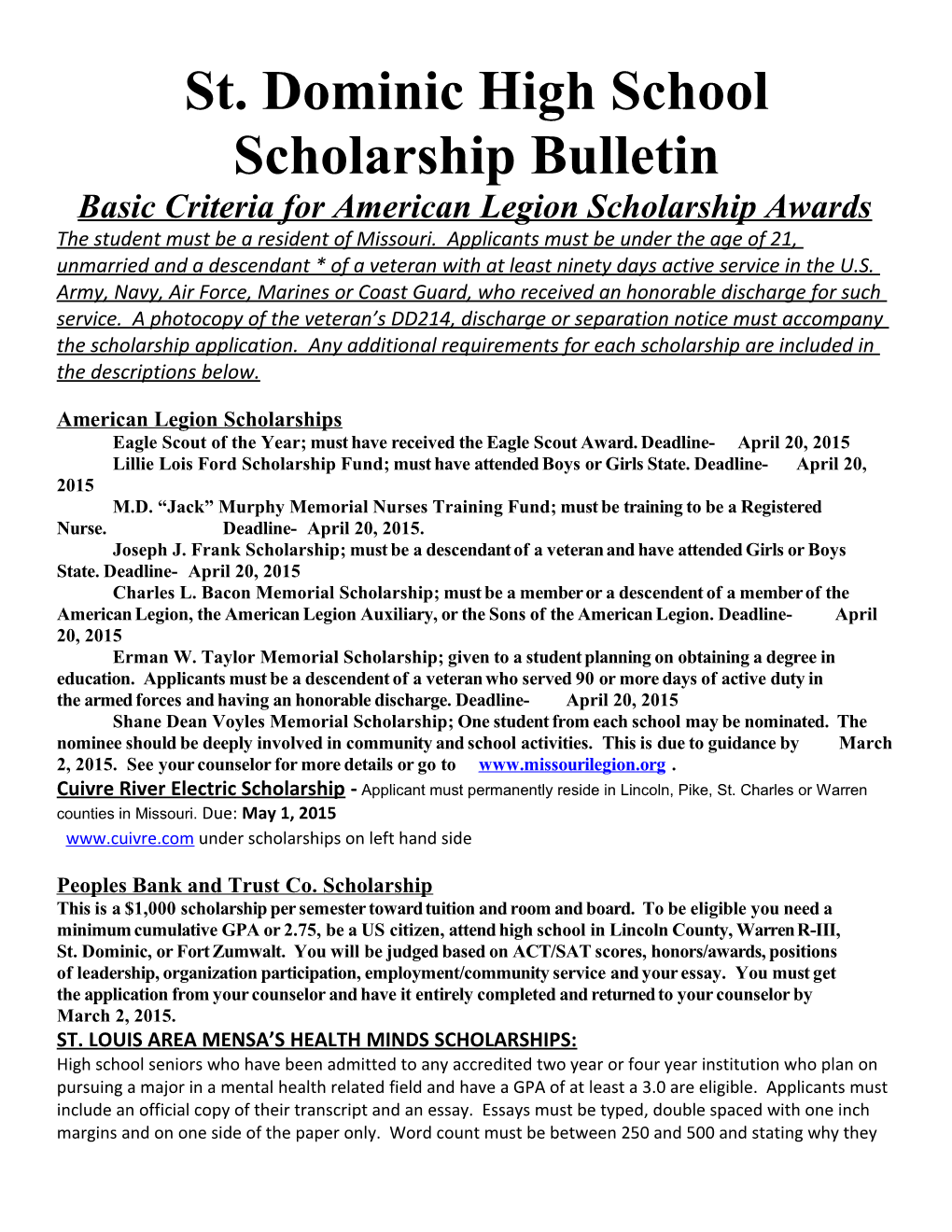 St. Dominic High School Scholarship Bulletin