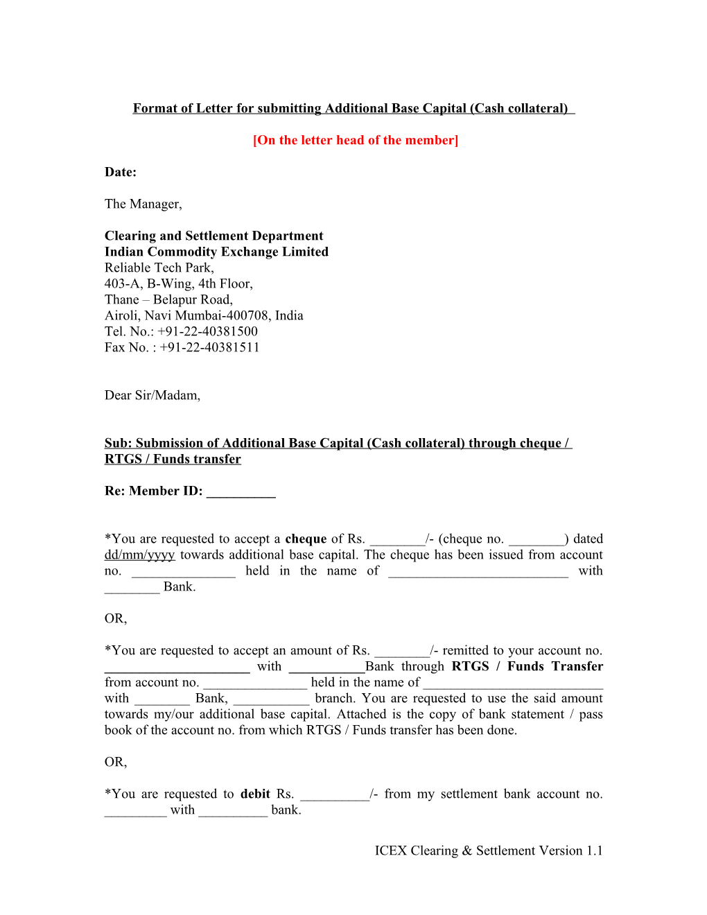 Format of Letter for Submitting Base Minimum Capital (Cash)