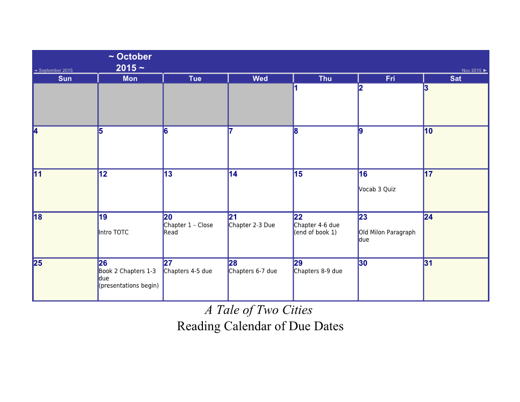 Reading Calendar of Due Dates