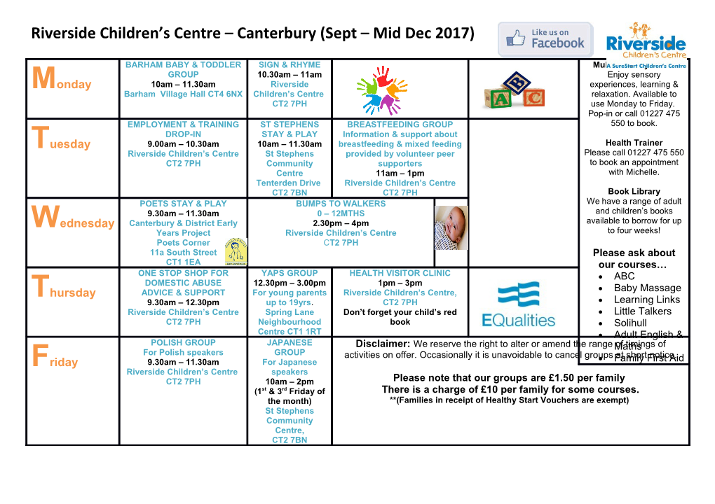 Riverside Children S Centre Canterbury (Sept Mid Dec 2017)