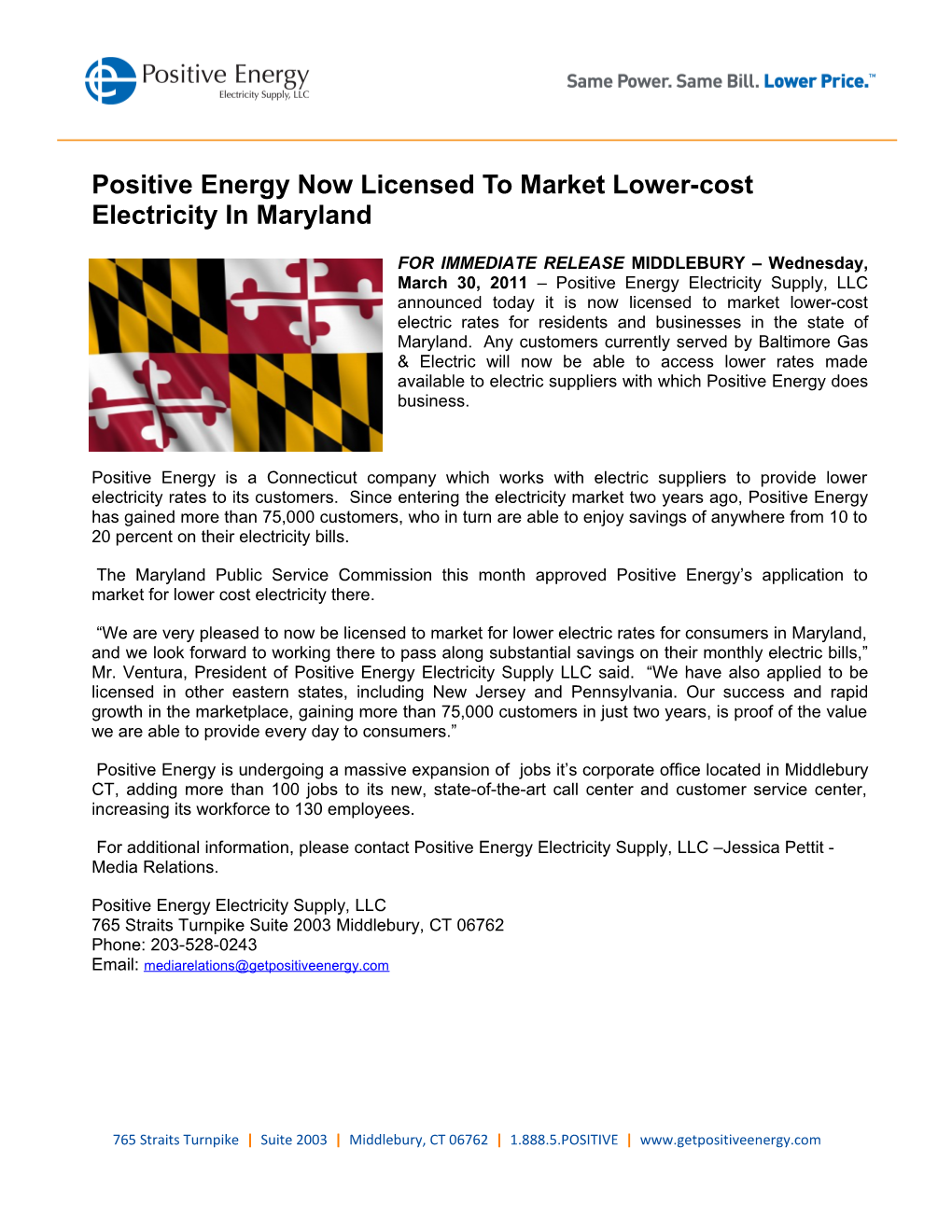 Positive Energy Now Licensed to Market Lower-Cost Electricity in Maryland