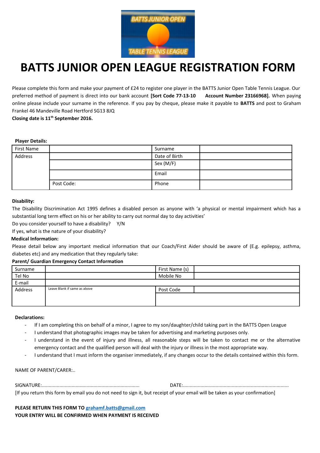 BATTS Junior Open League Form