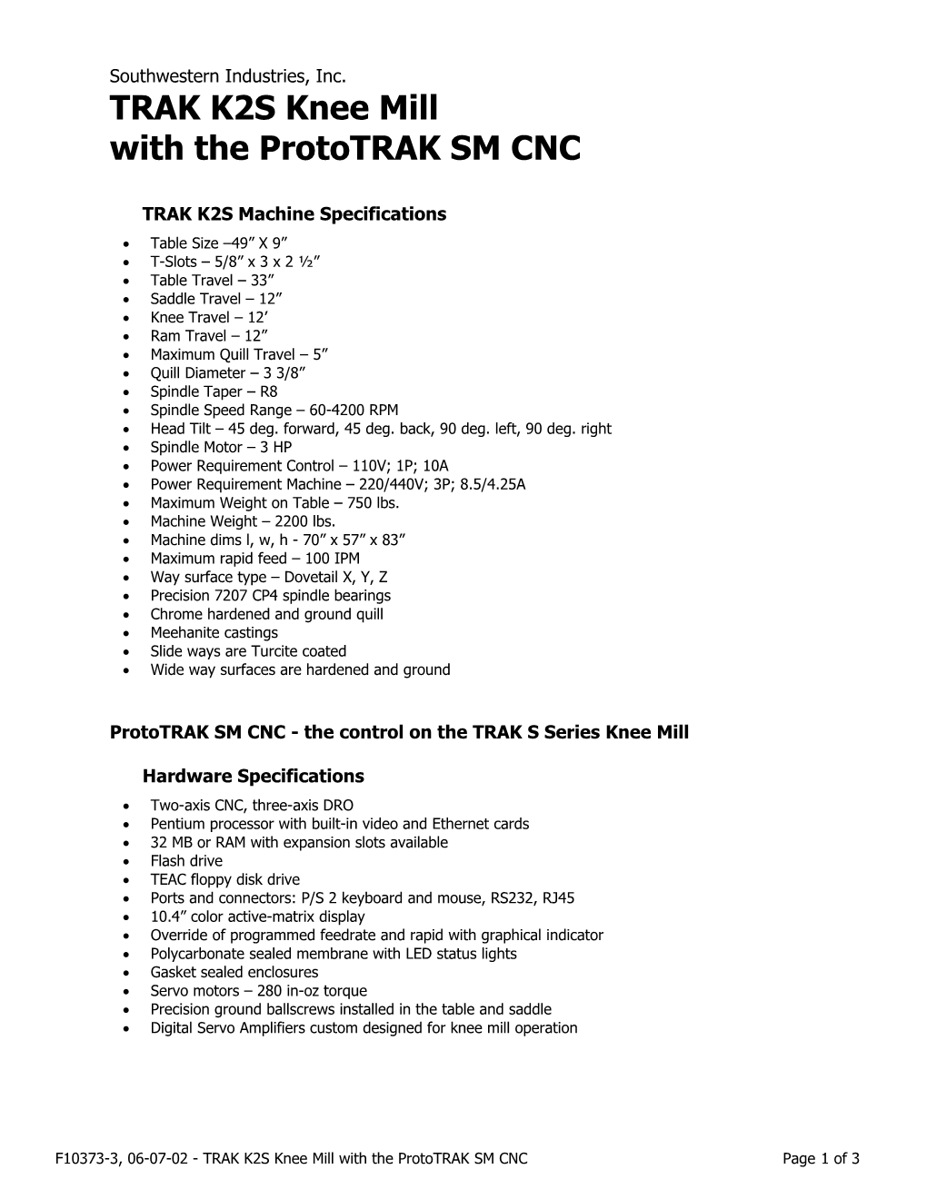 SPORT B3 KNEE MILL with the Prototrak M2 Control