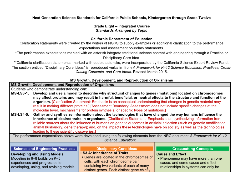 Grade Eight Integrated Course by Topic - NGSS (CA Dept of Education)