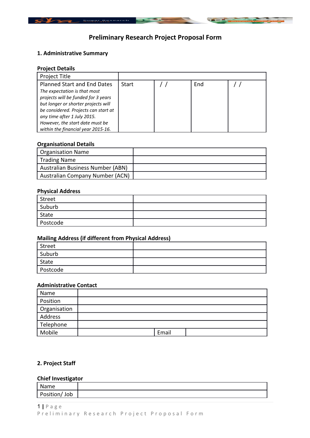 Preliminary Research Project Proposal Form