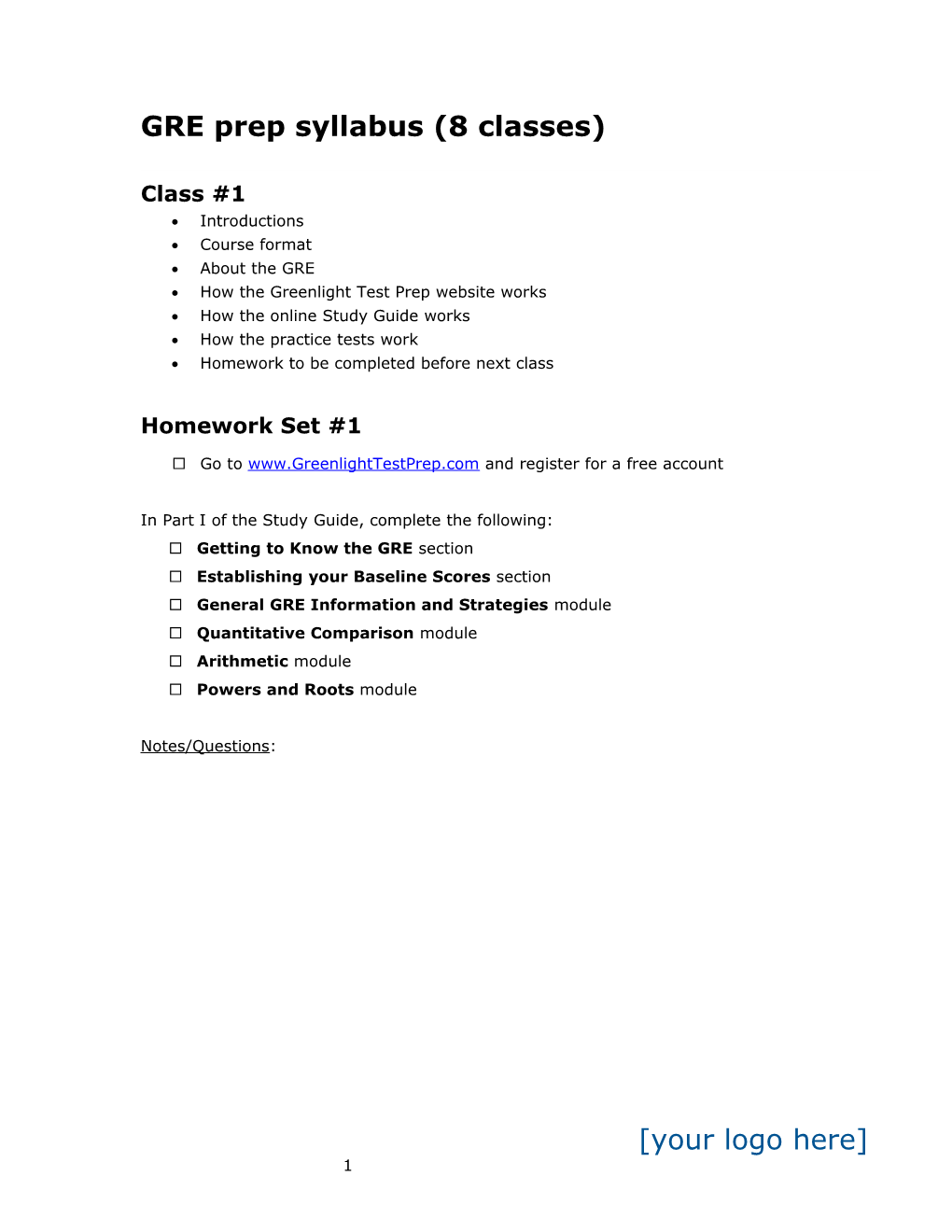 GRE Prep Syllabus (8 Classes)