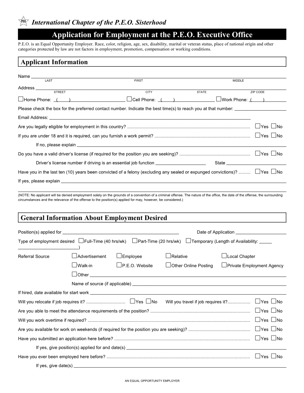 Application for Employment at the P.E.O. Executive Office