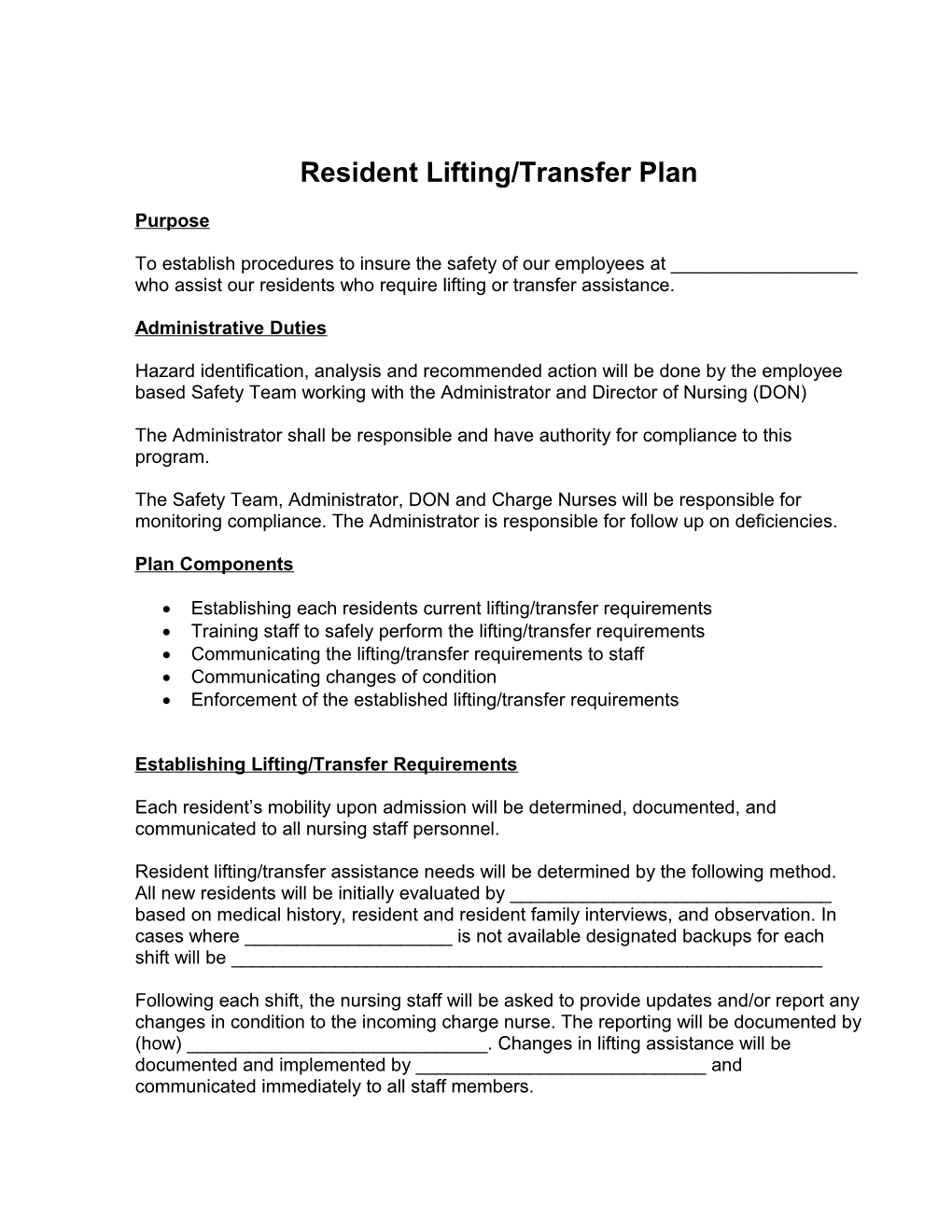 Resident Lifting/Transfer Plan