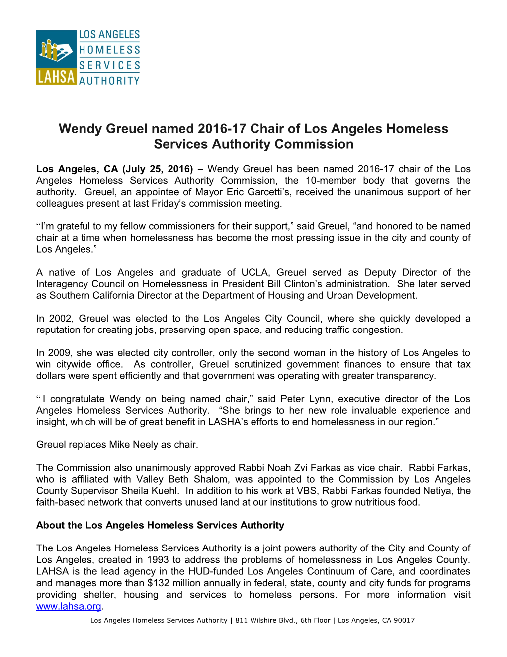 Wendy Greuel Named 2016-17 Chair of Los Angeles Homeless Services Authority Commission