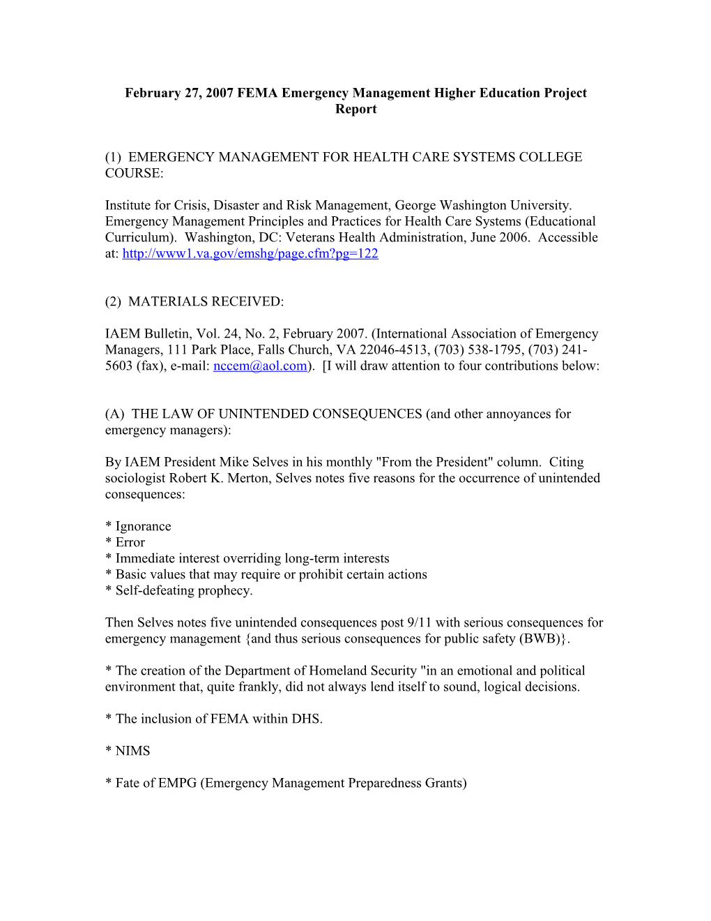 February 27, 2007 FEMA Emergency Management Higher Education Project Report