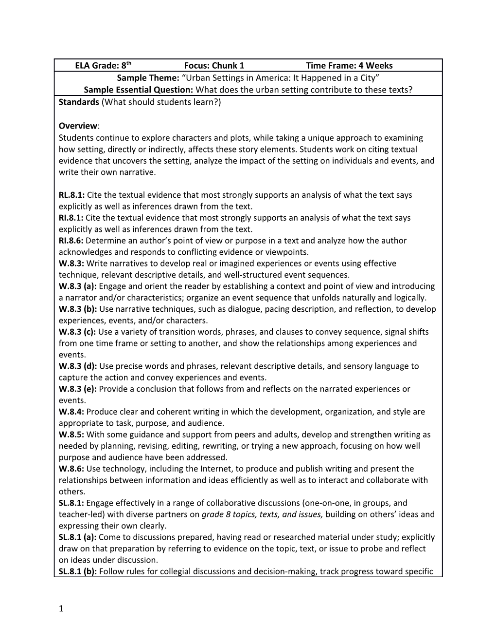 ELA Grade: 8Th Focus: Chunk 1 Time Frame: 4 Weeks
