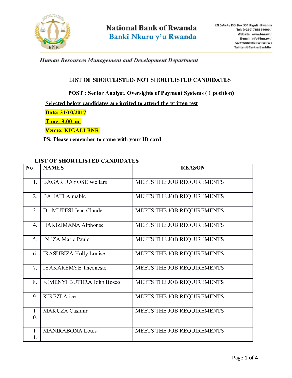 List of Shortlisted/ Not Shortlisted Candidates