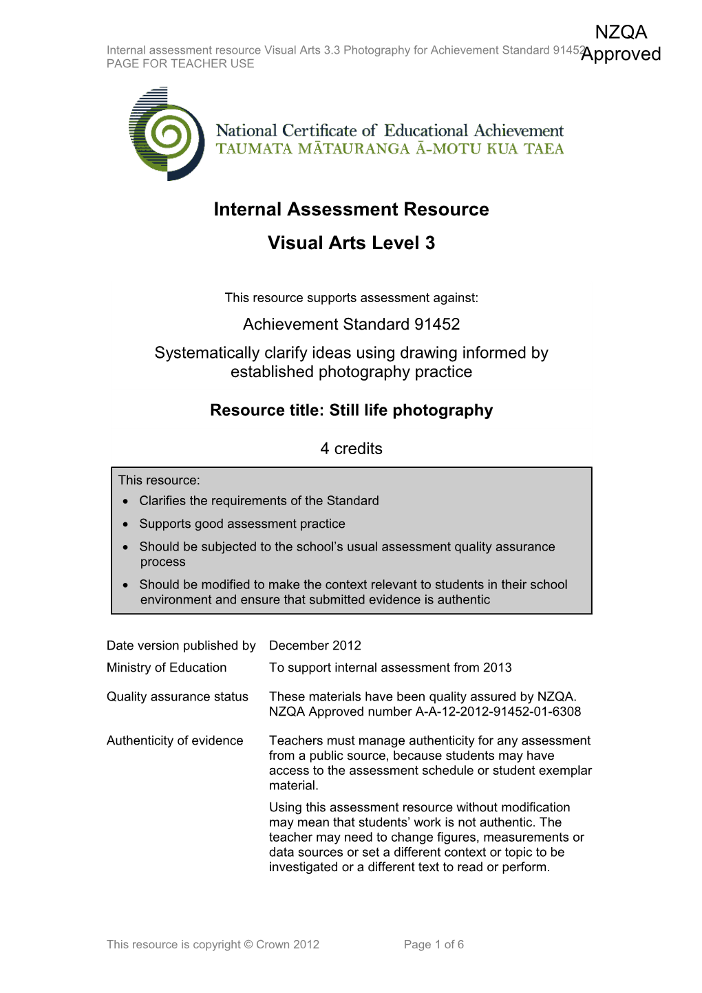 Level 3 Visual Arts Internal Assessment Resource