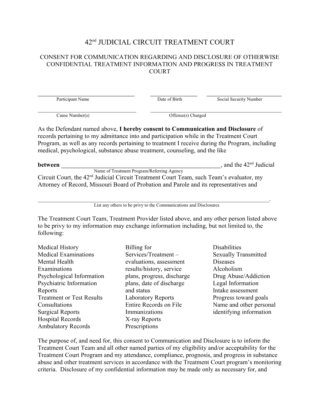 Consent for Disclosure of Confidential Substance Abuse Information: Drug Court Referral