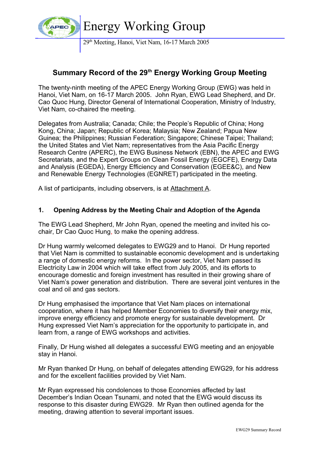 Summary Record of the 29Th Energy Working Group Meeting