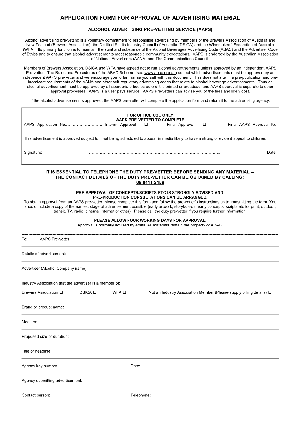 Application Form for Approval of Advertising Material