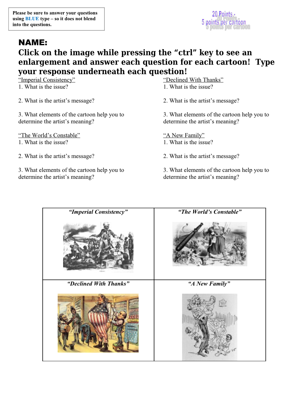 Click on the Image to See an Enlargement and Answer Each Question for Each Cartoon