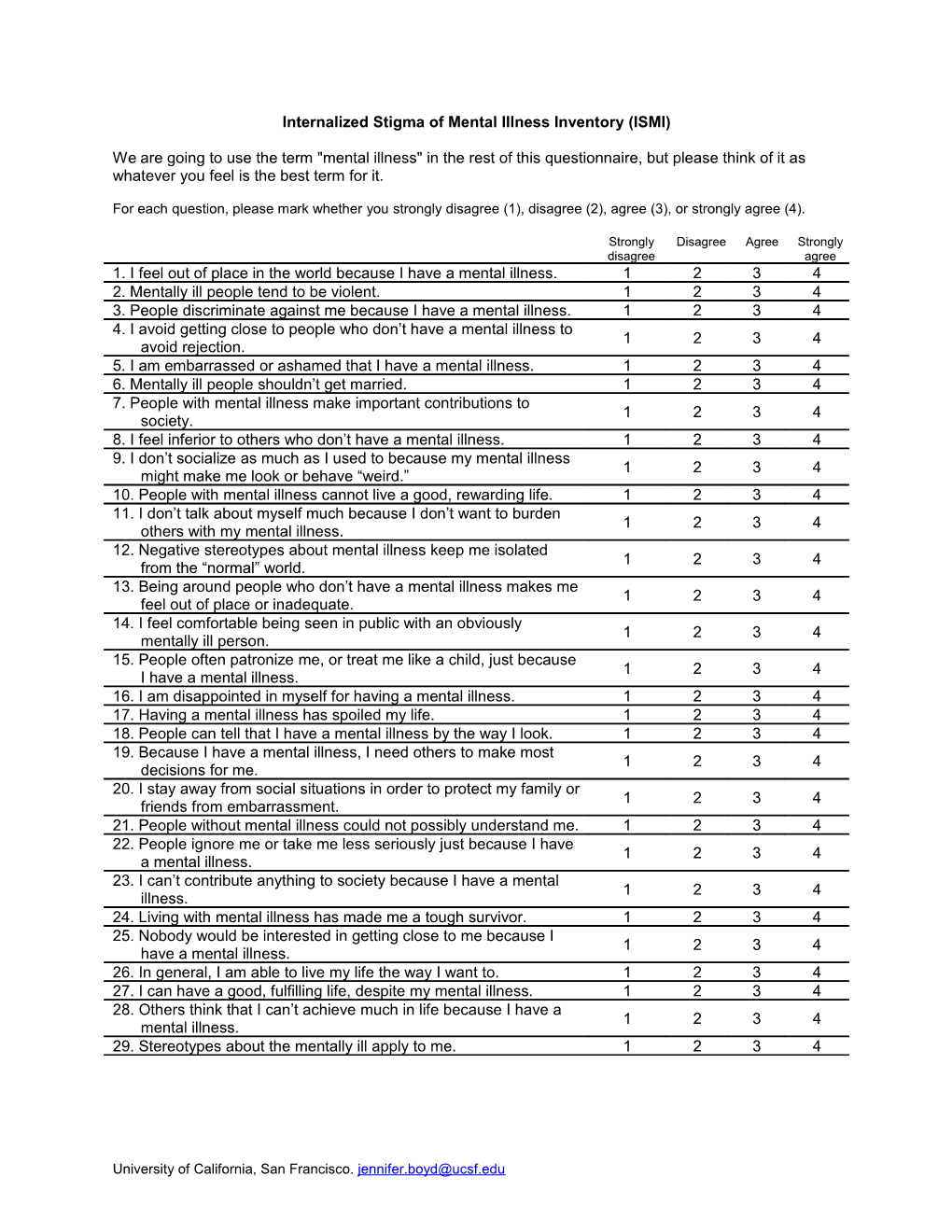 Internalized Stigma of Mental Illness Inventory (ISMI)