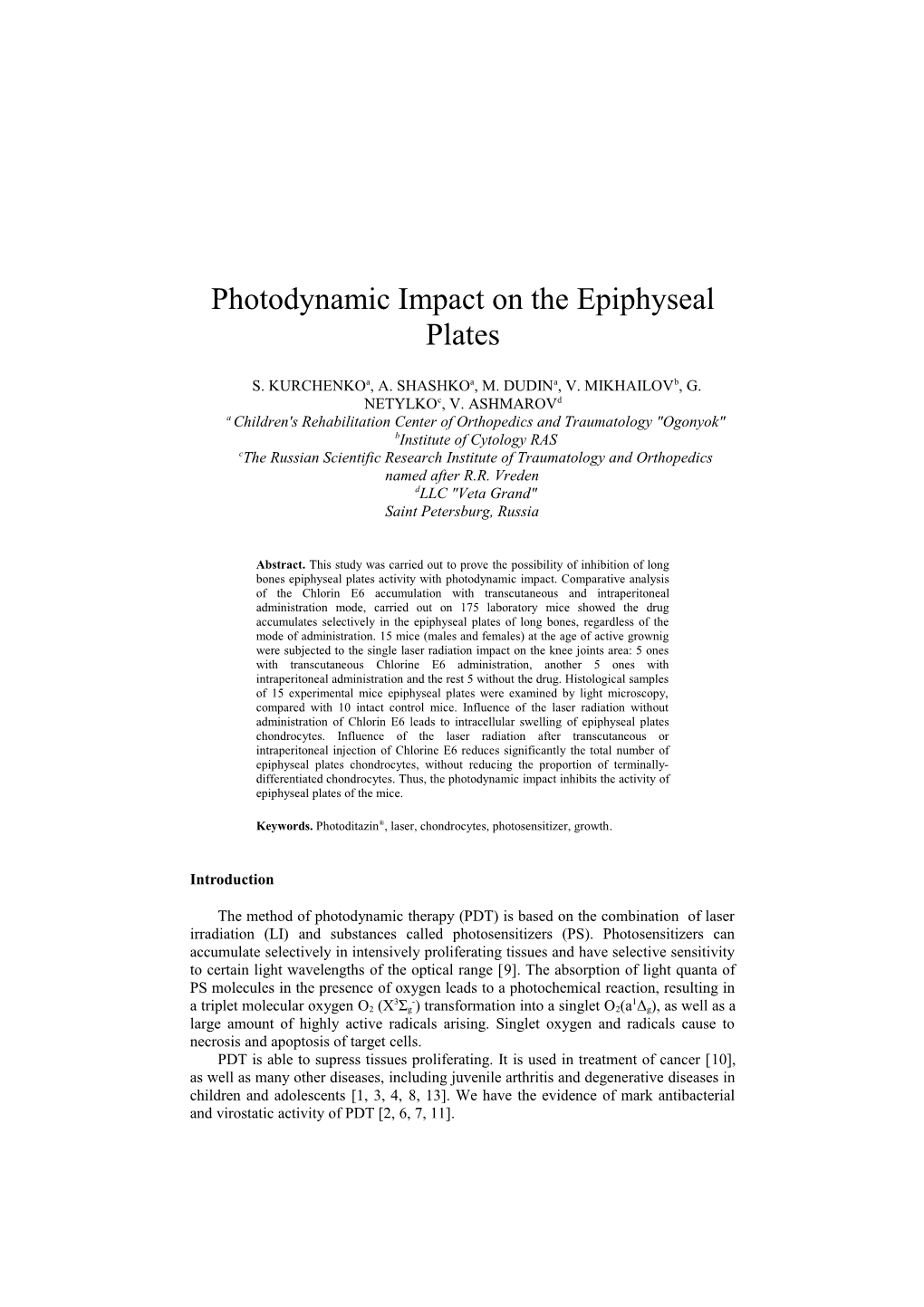 Photodynamic Impact on the Epiphyseal Plates