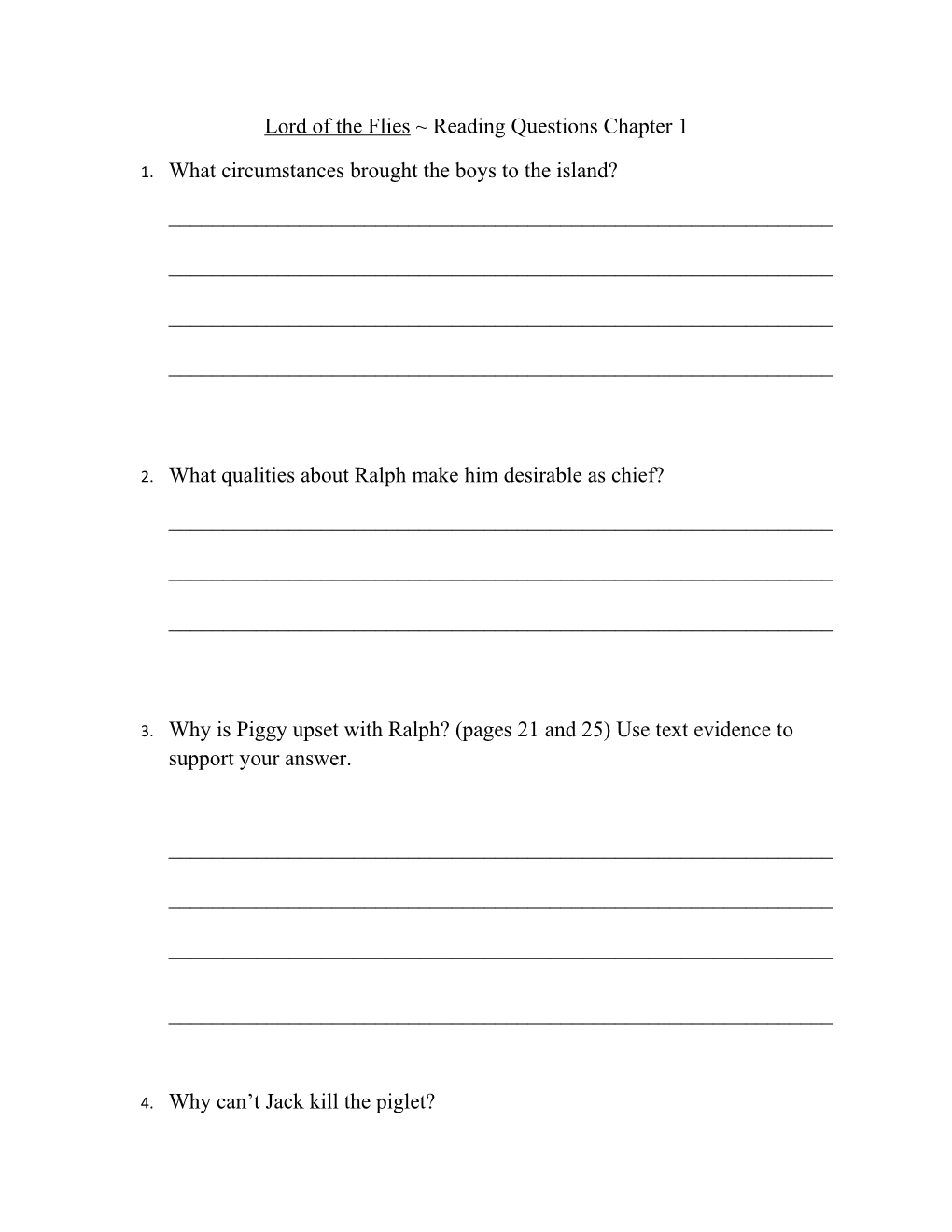 Lord of the Flies Reading Questions Chapter 1