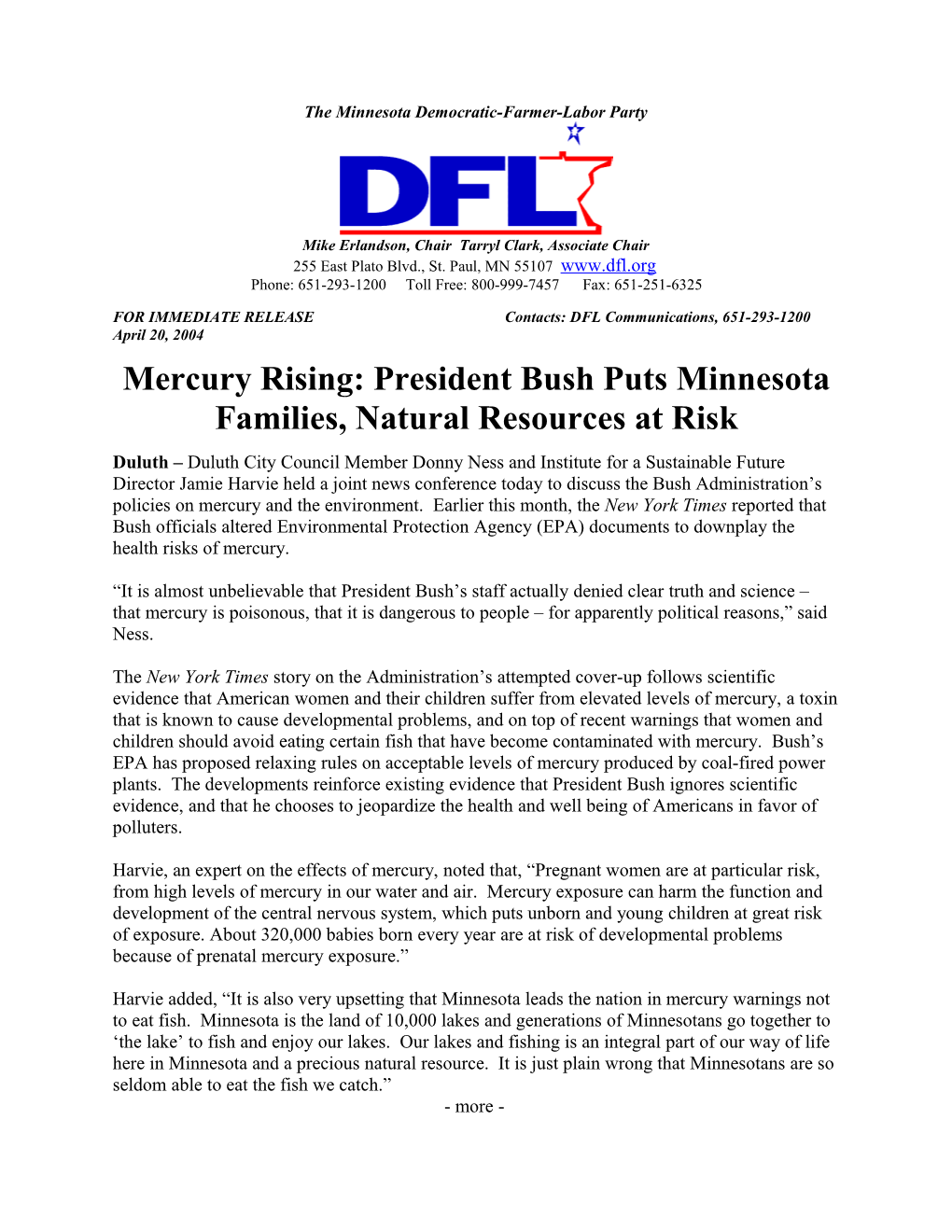 Mercury Rising: President Bush Puts American Families at Risk