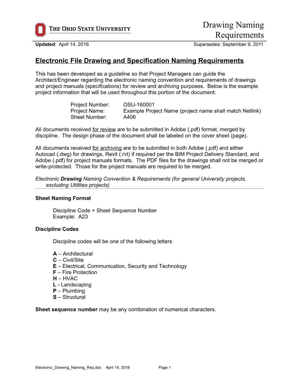 Electronic File Drawing and Specification Naming Requirements