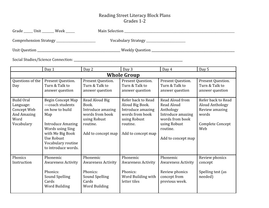 Reading Street Literacy Block Plans