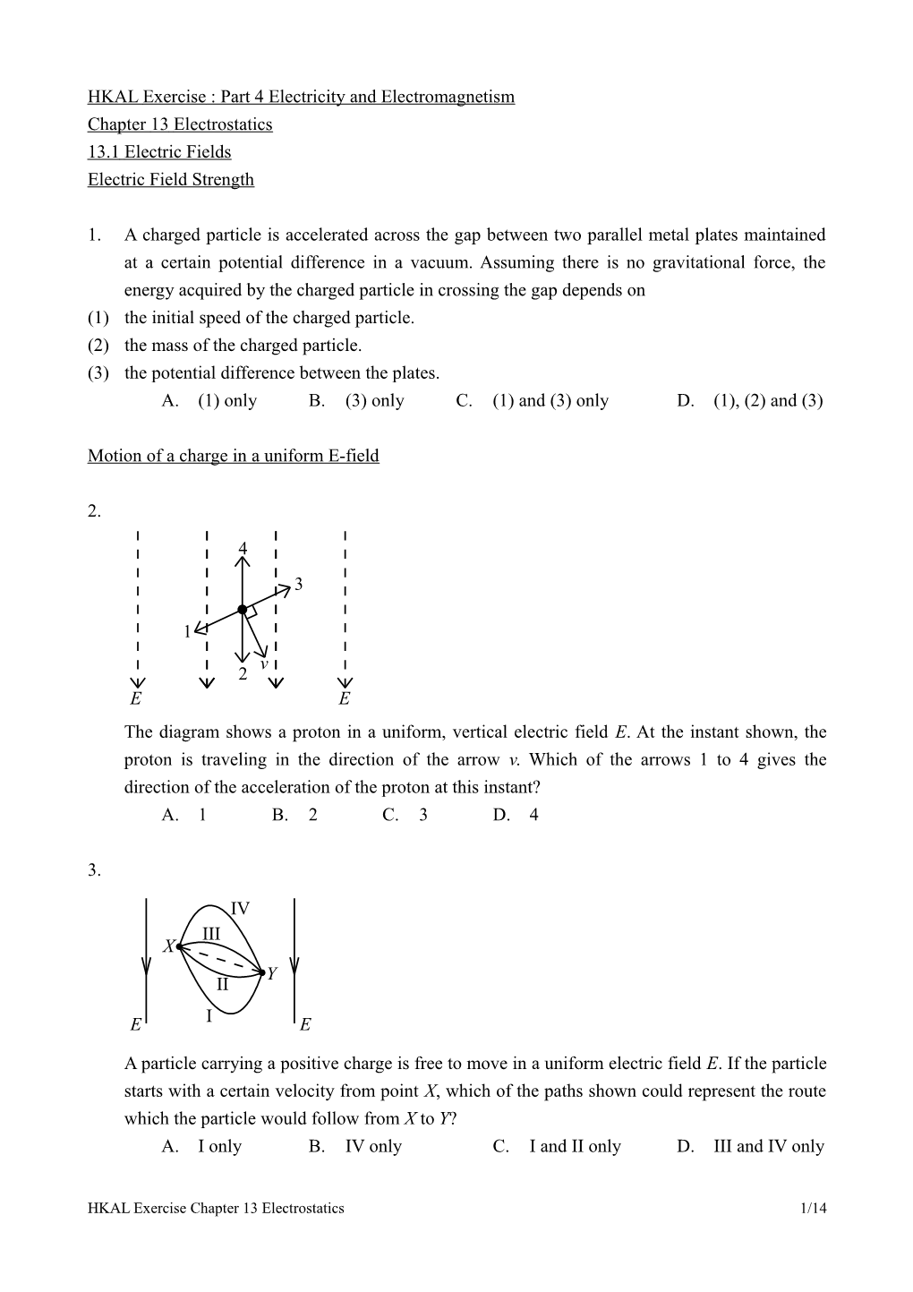 HKAL Exercise : Part 4 Electricity and Electromagnetism