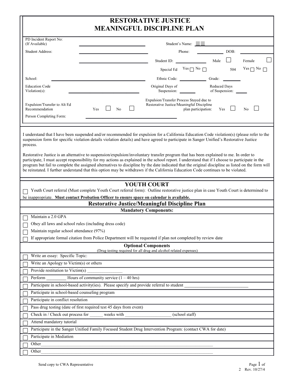 Sanger Unified School District Report of Suspension