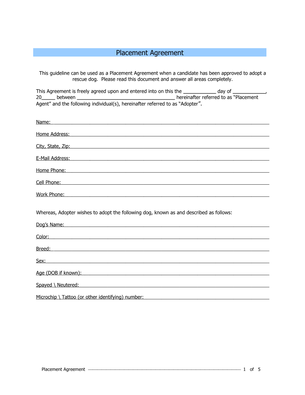This Guideline Can Be Used As a Placement Agreement When a Candidate Has Been Approved