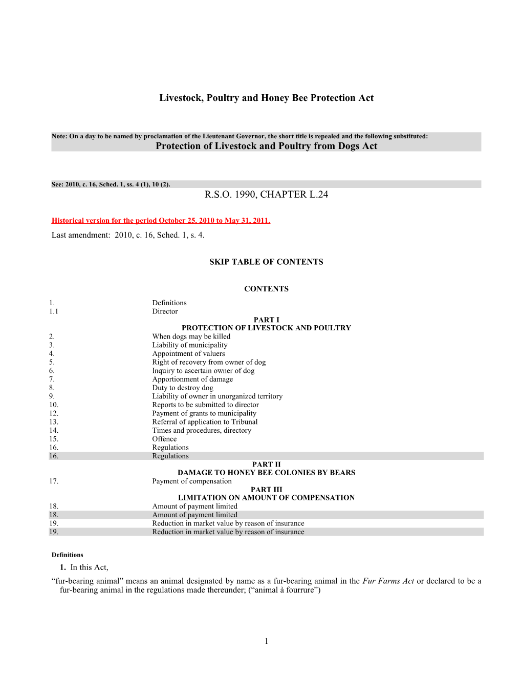 Livestock, Poultry and Honey Bee Protection Act, R.S.O. 1990, C. L.24