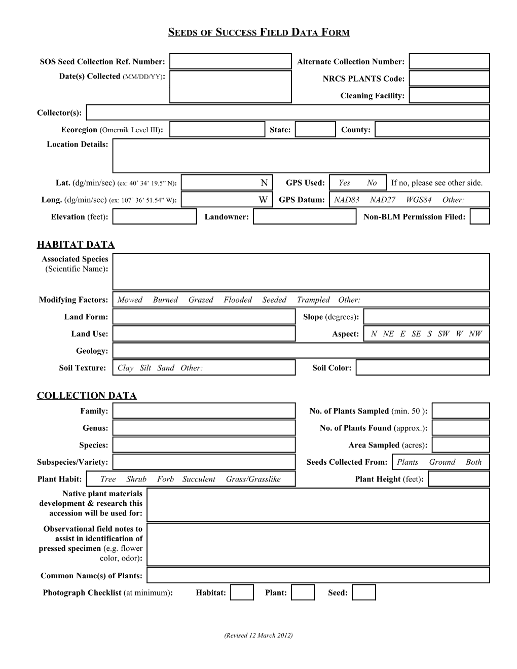 Seeds of Success Field Data Form