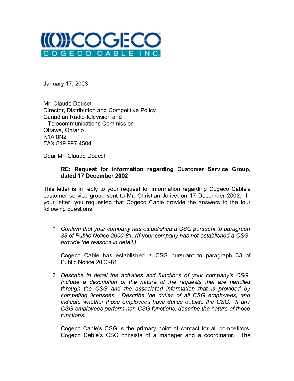 IW CSG Response to CRTC January 2003