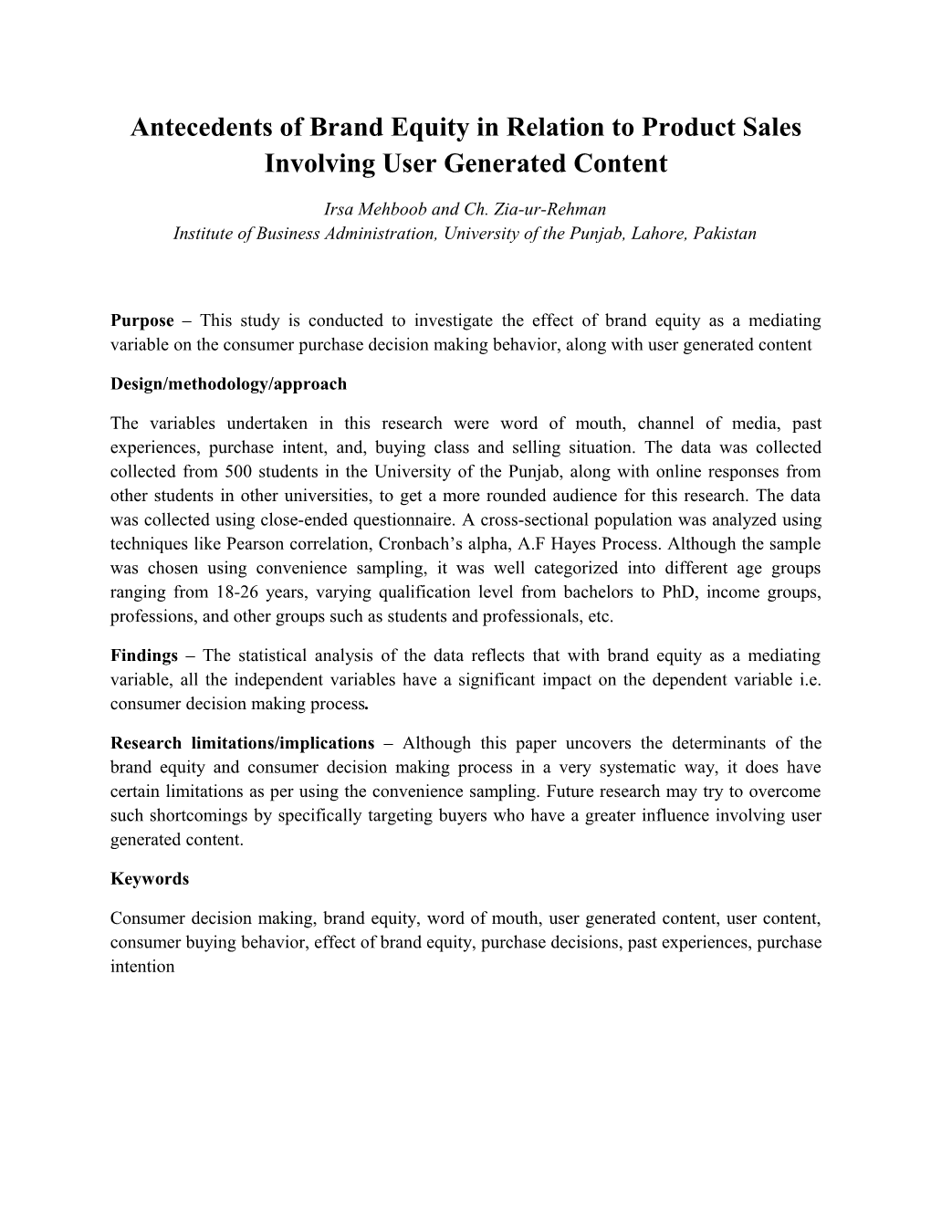 Antecedents of Brand Equity in Relation to Product Sales Involving User Generated Content