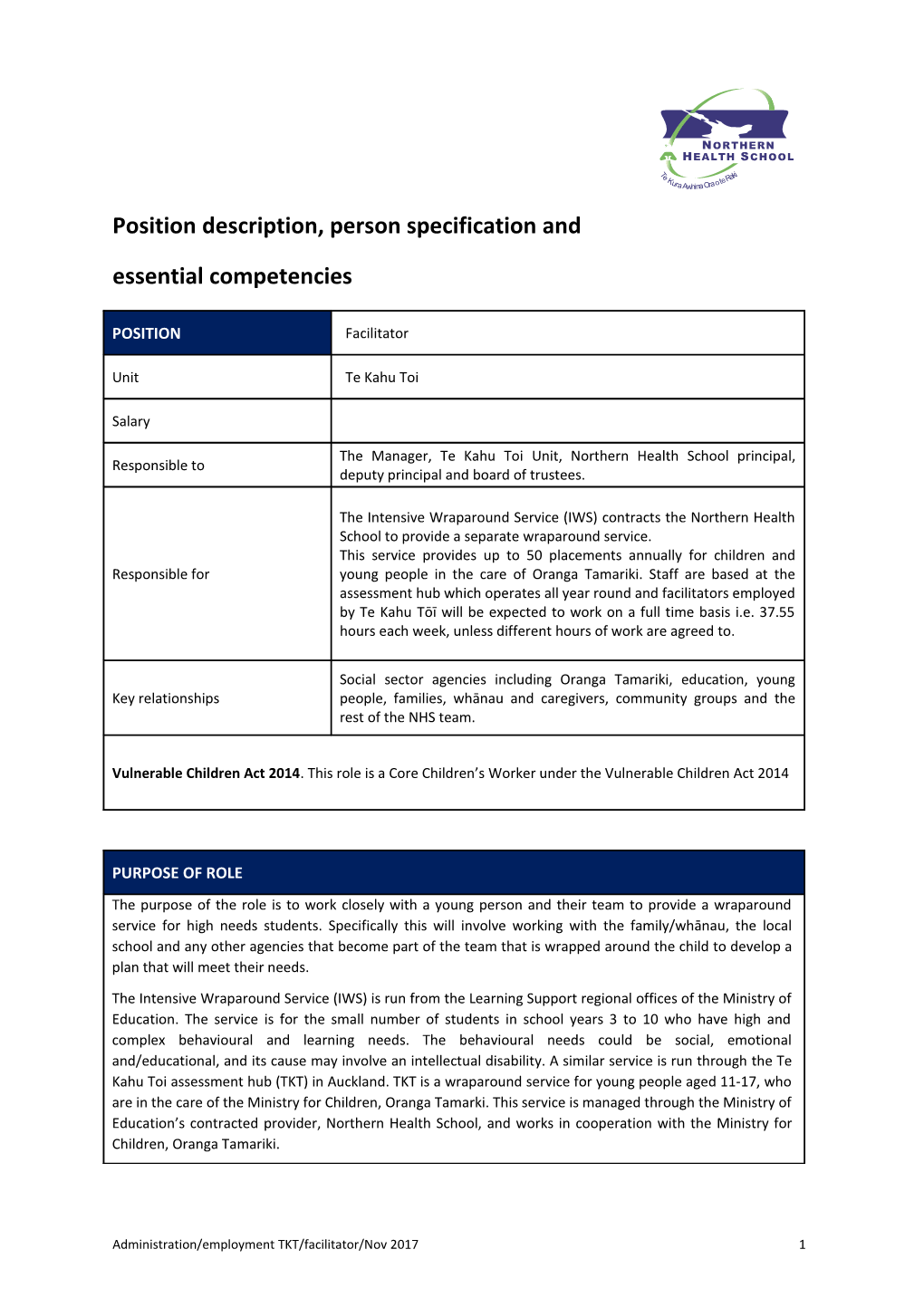 Position Description, Person Specification And