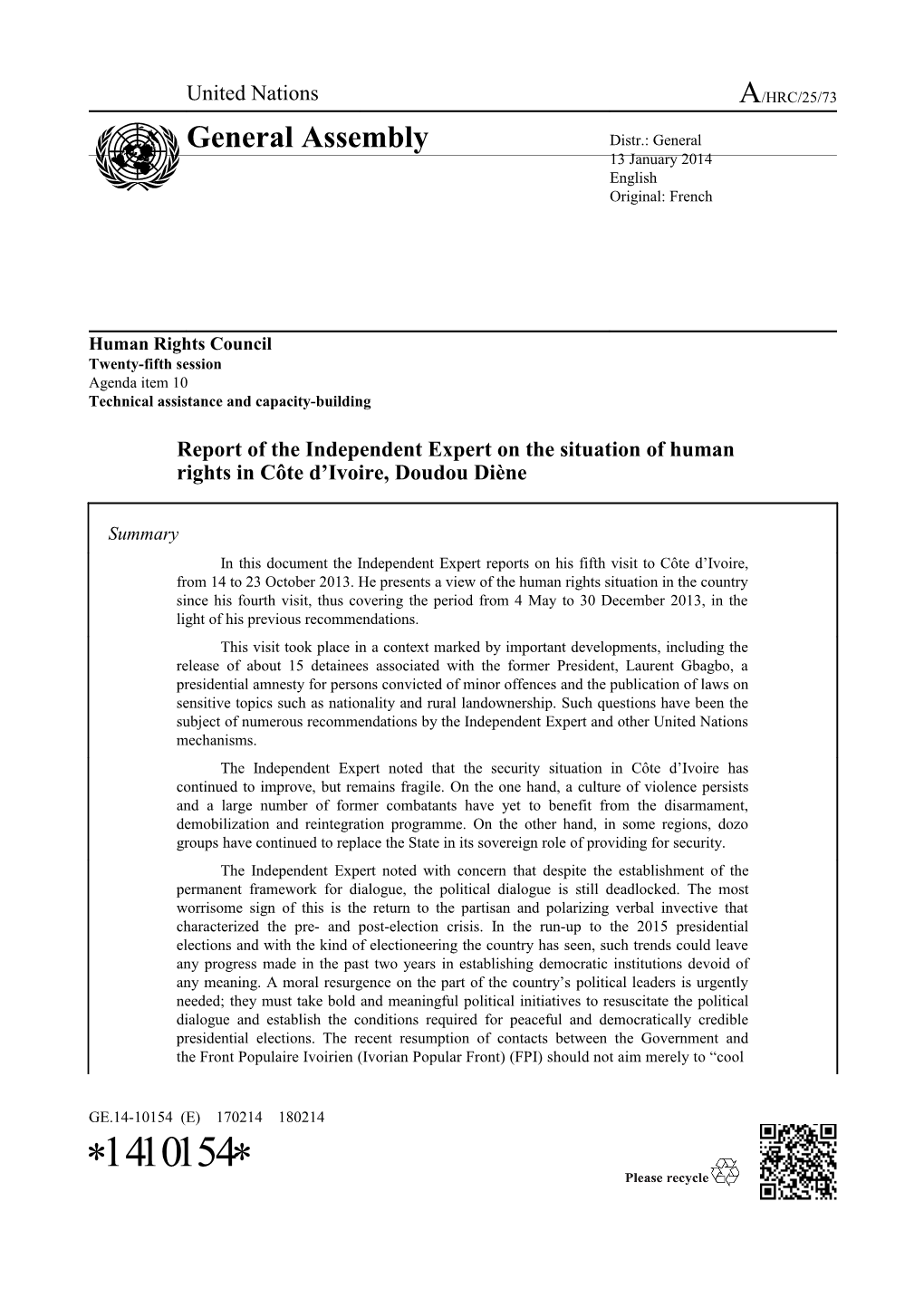 Report of the Independent Expert on the Situation of Human Rights in Côte D'ivoire in English