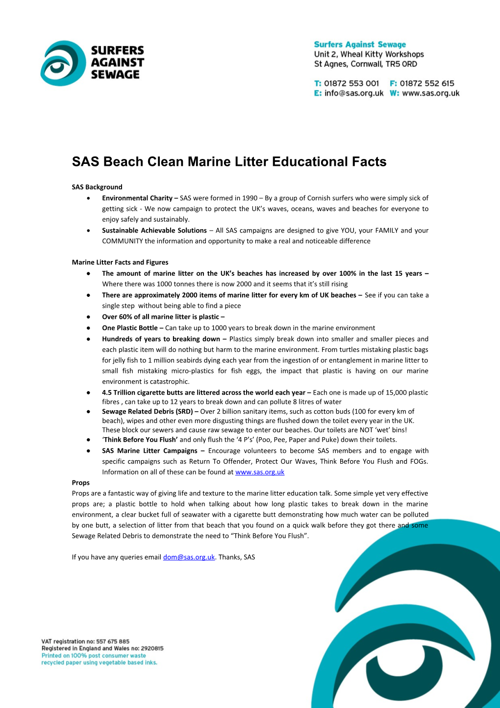 SAS Beach Clean Marine Litter Educational Facts SAS Background