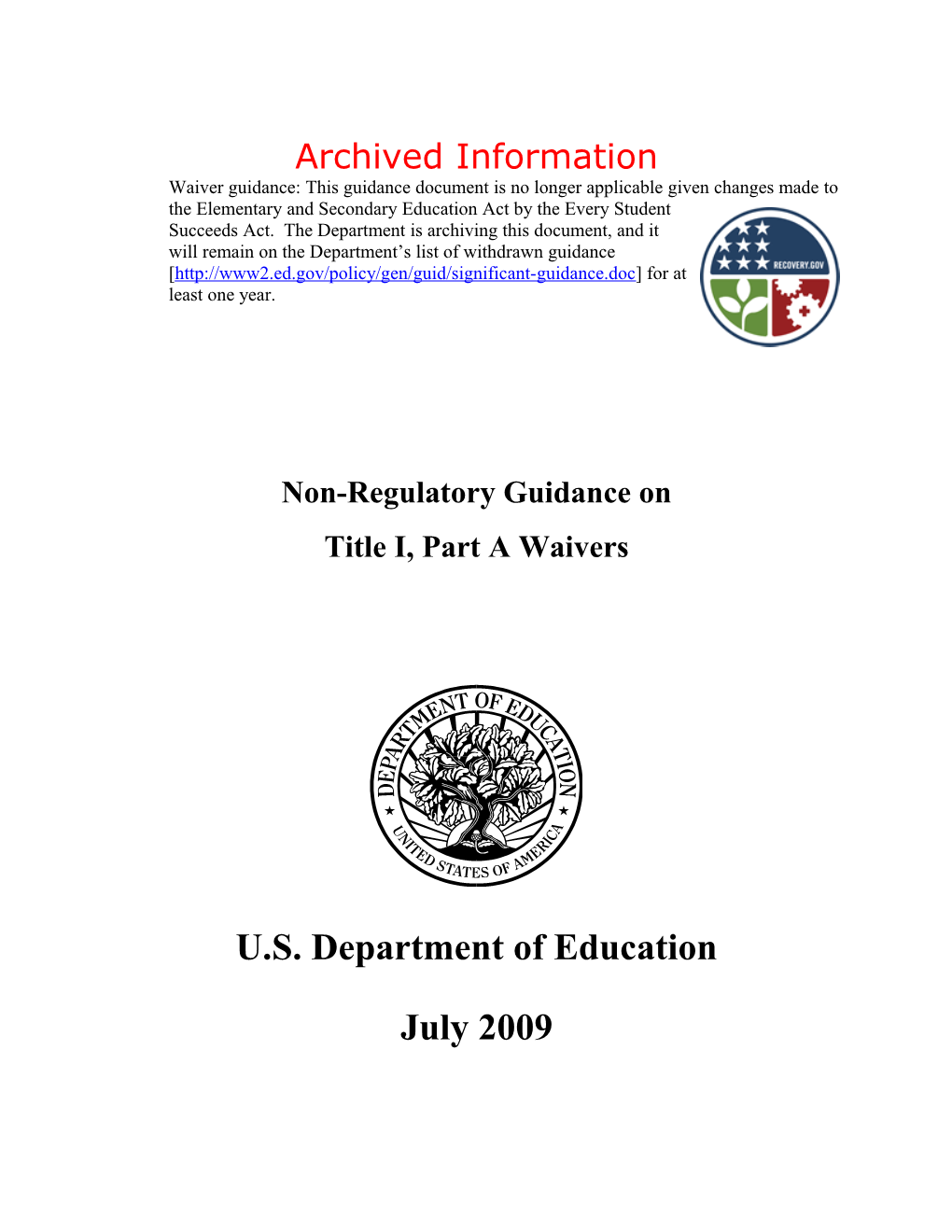Archived Information Non-Regulatory Guidance on Title I, Part a Waivers January 2010 (Msword)