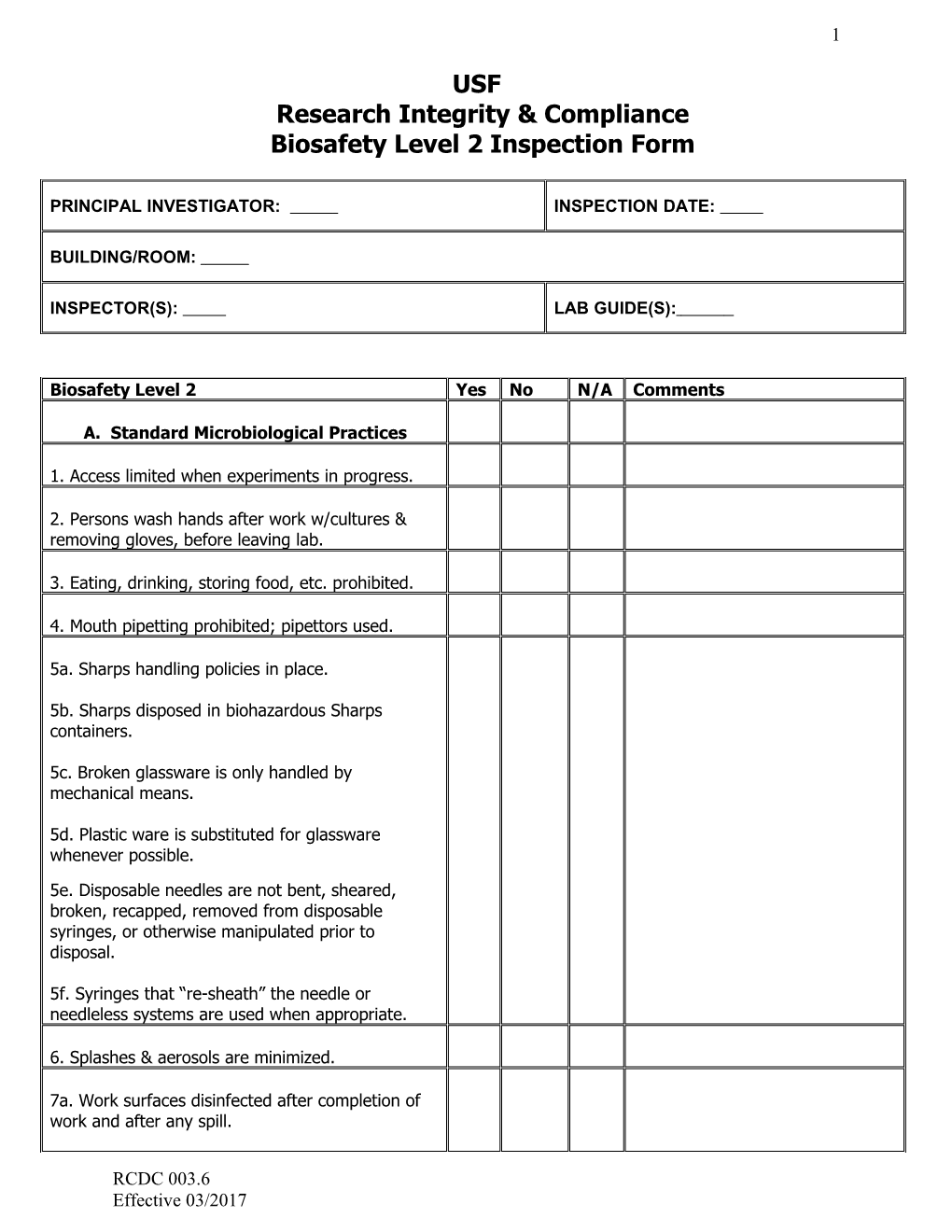 USF- Research Compliance: Biosafety Level 2 Audit Form